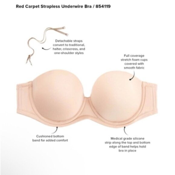 Wacoal Red Carpet Strapless Underwire Bra Sand 38C Convertible Style# 854119 - Picture 3 of 8